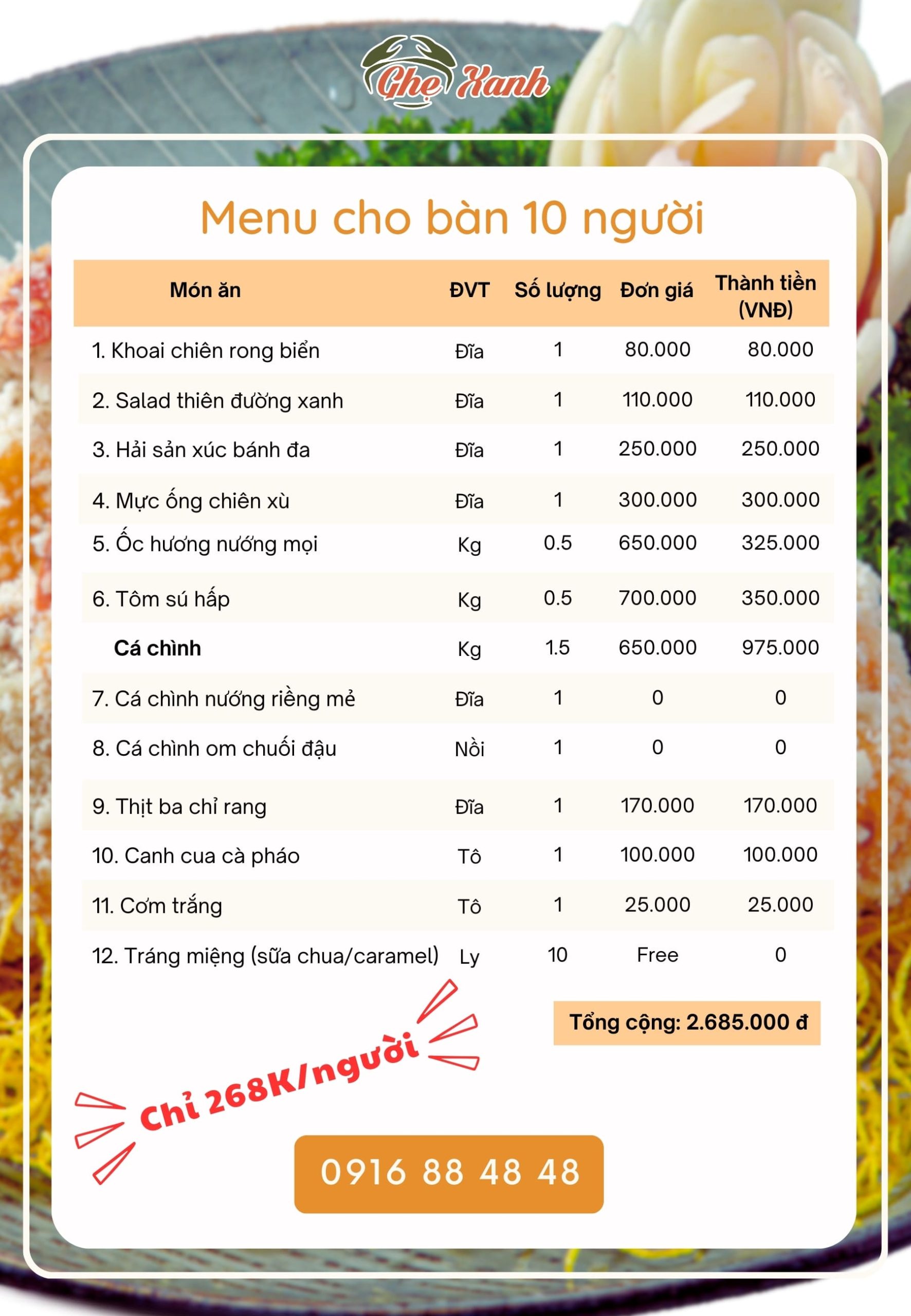 2-3Tr - Menu 1 Menu Nhà hàng Hải Sản Ghẹ Xanh Bắc Giang