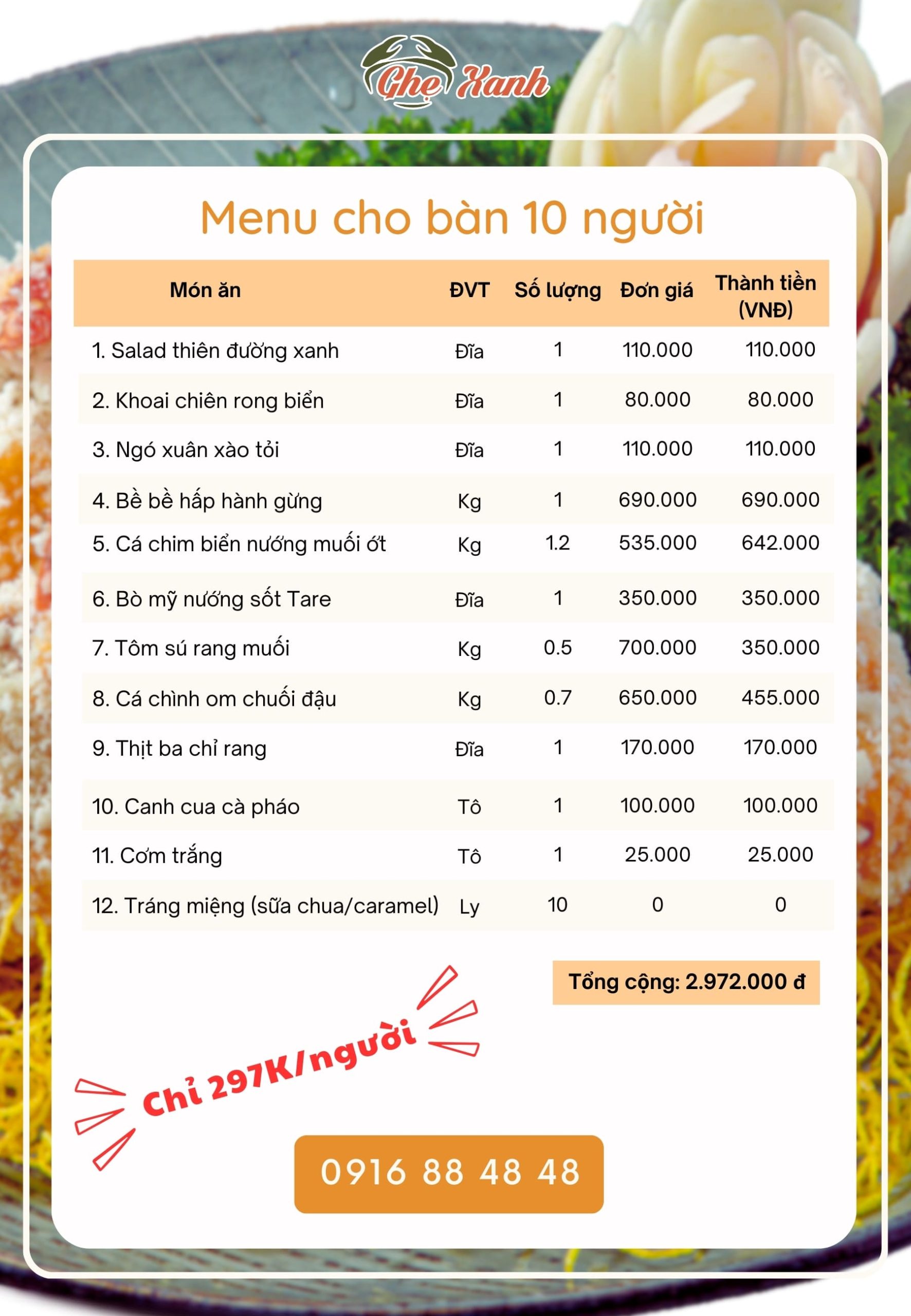 2-3Tr - Menu 3 Menu Nhà hàng Hải Sản Ghẹ Xanh Bắc Giang