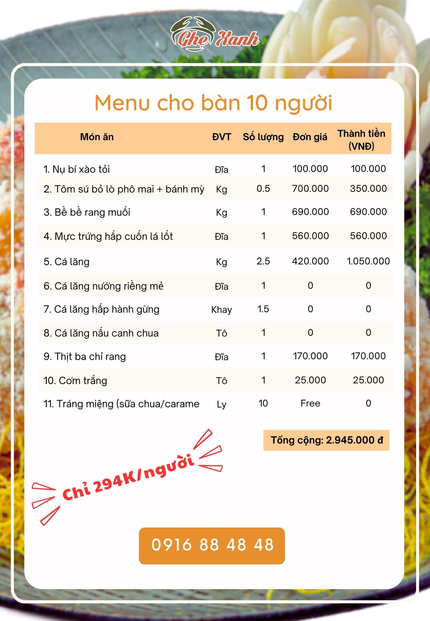 2-3Tr - Menu 6 Menu Nhà hàng Hải Sản Ghẹ Xanh Bắc Giang