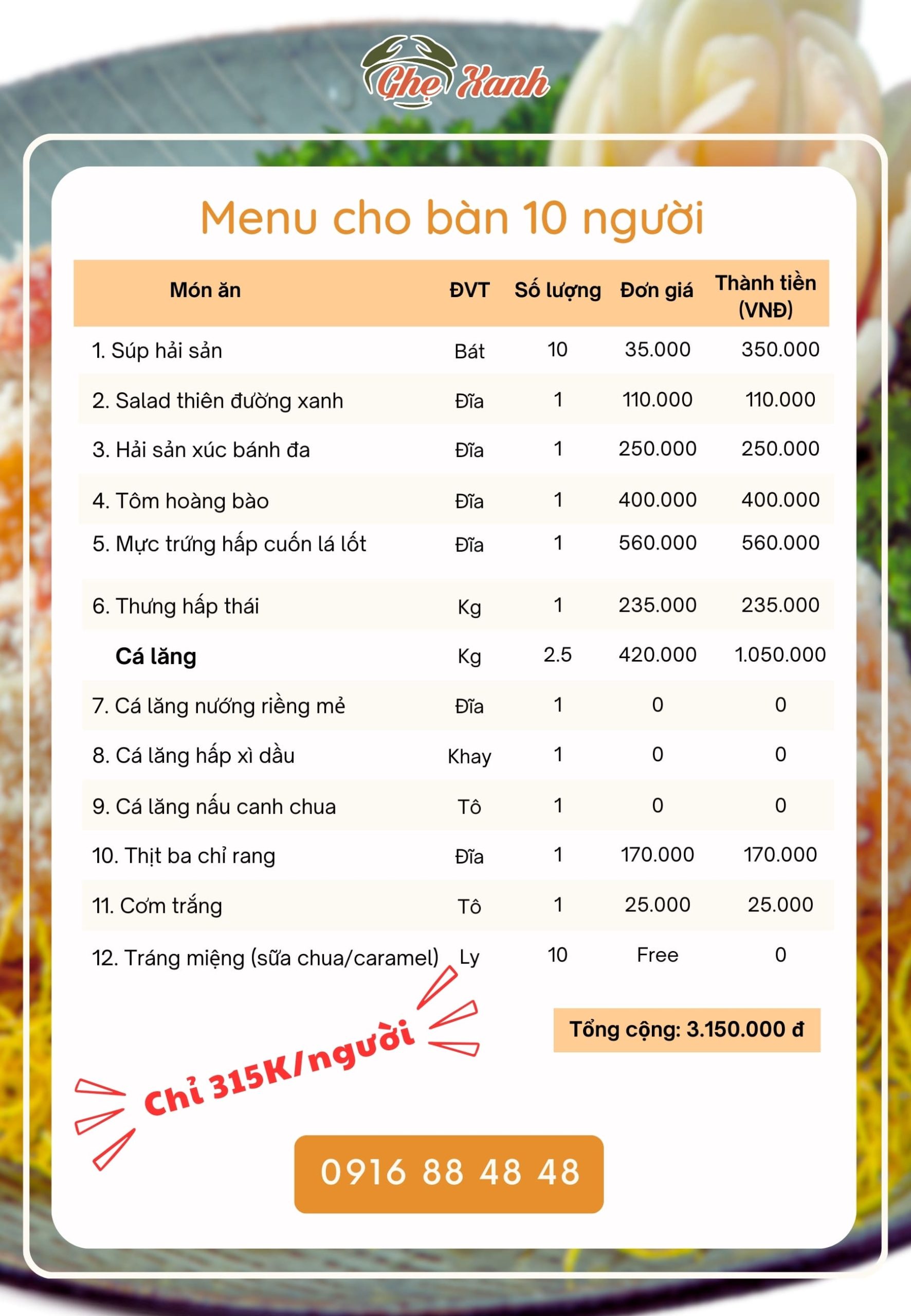 3-4Tr - Menu 1 Menu Nhà hàng Hải Sản Ghẹ Xanh Bắc Giang