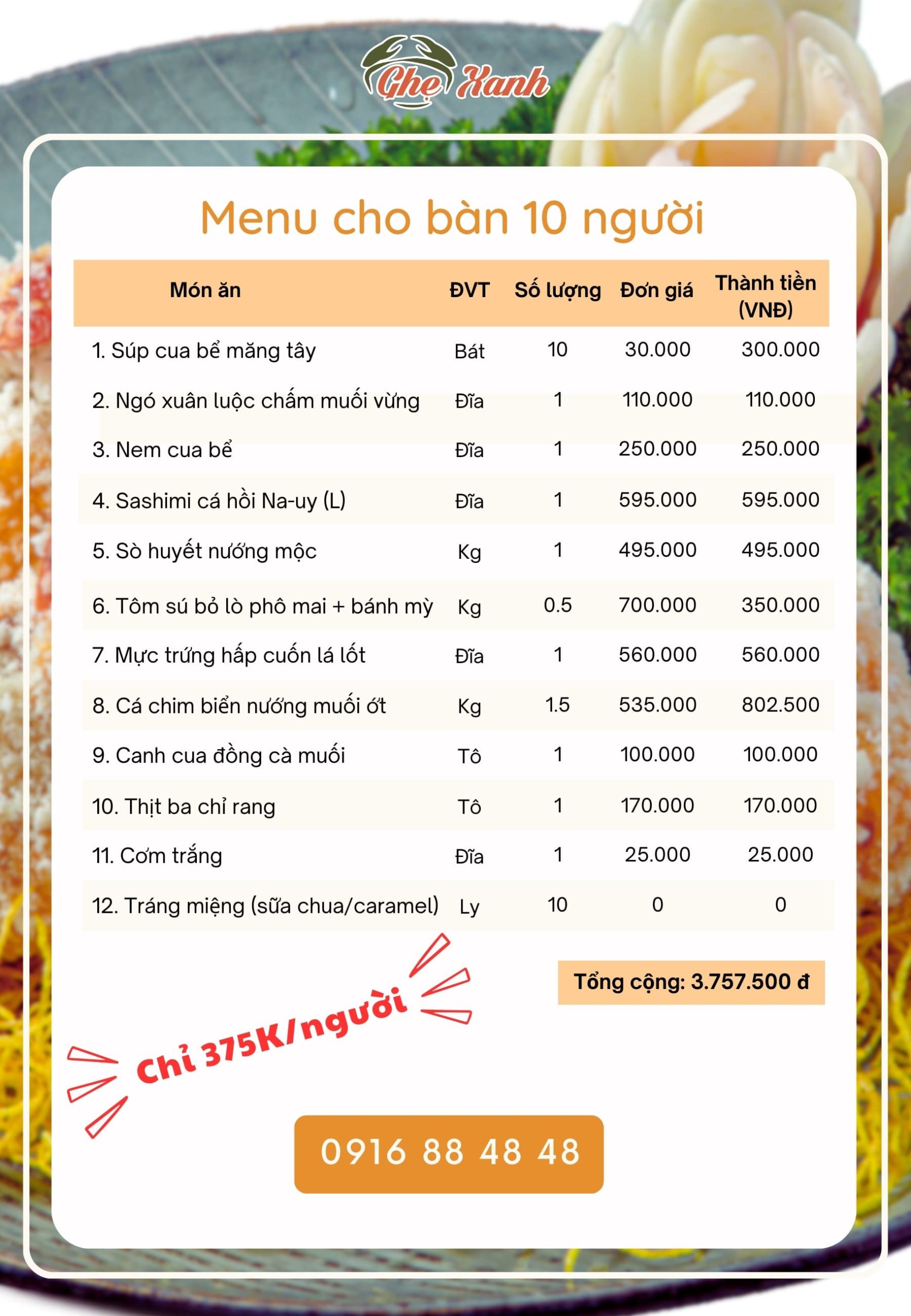 3-4Tr - Menu 2 Menu Nhà hàng Hải Sản Ghẹ Xanh Bắc Giang
