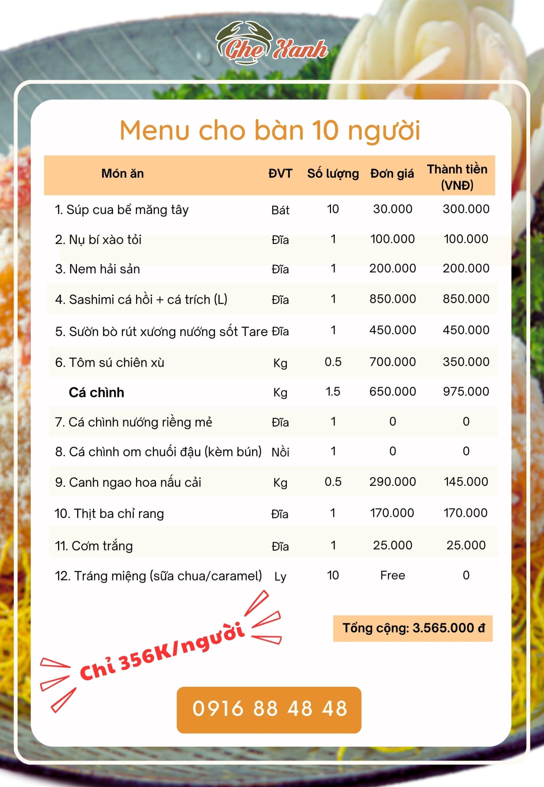 3-4Tr - Menu 3 Menu Nhà hàng Hải Sản Ghẹ Xanh Bắc Giang