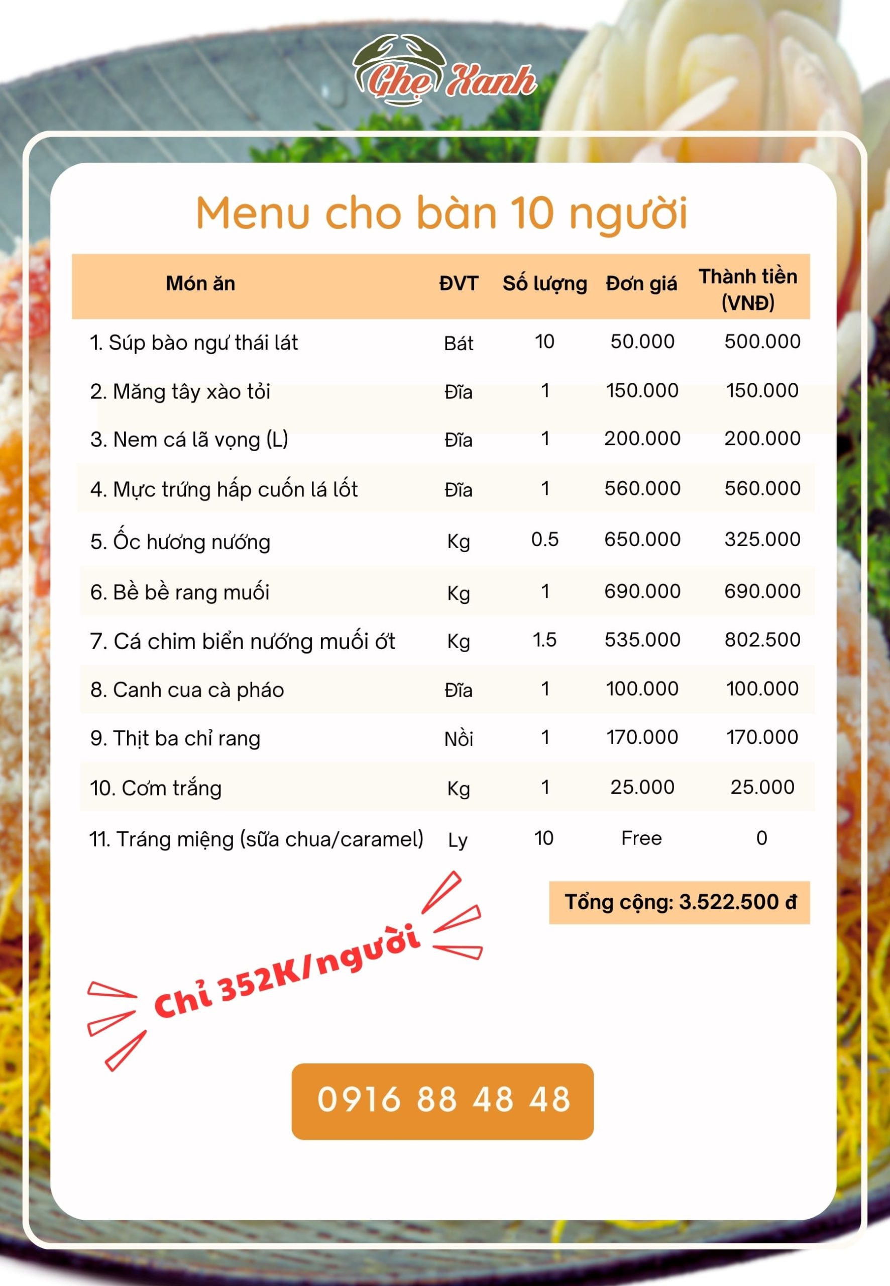 3-4Tr - Menu 5 Menu Nhà hàng Hải Sản Ghẹ Xanh Bắc Giang