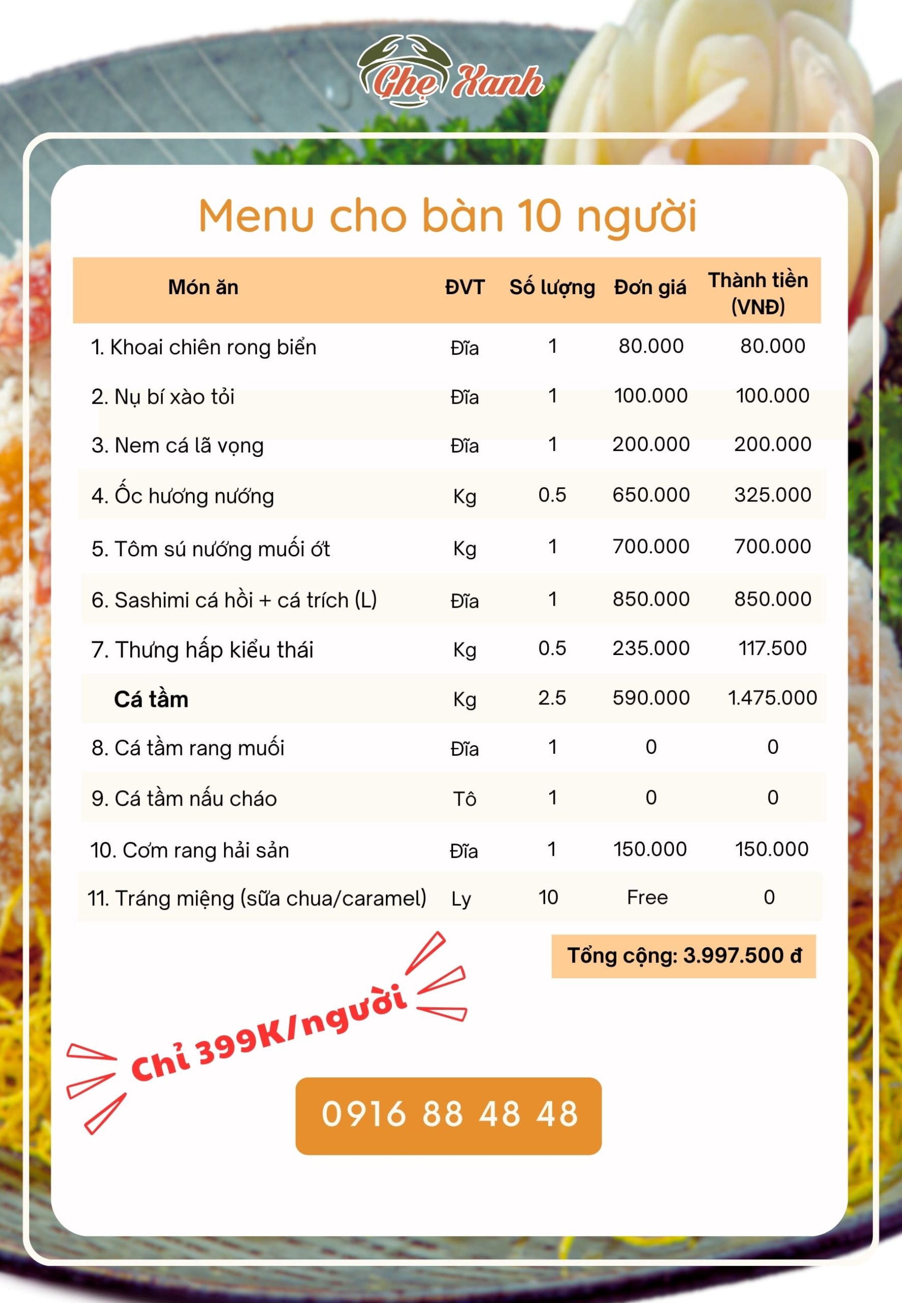 3-4Tr - Menu 7 Menu Nhà hàng Hải Sản Ghẹ Xanh Bắc Giang