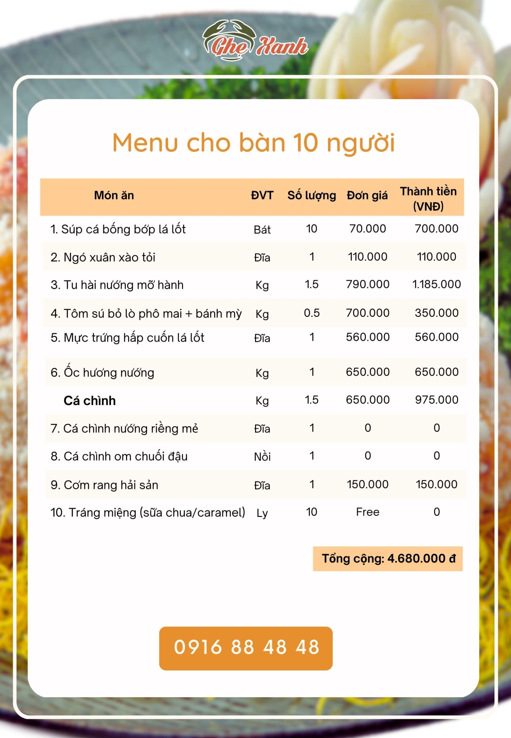 4-7Tr - Menu 1 Menu Nhà hàng Hải Sản Ghẹ Xanh Bắc Giang
