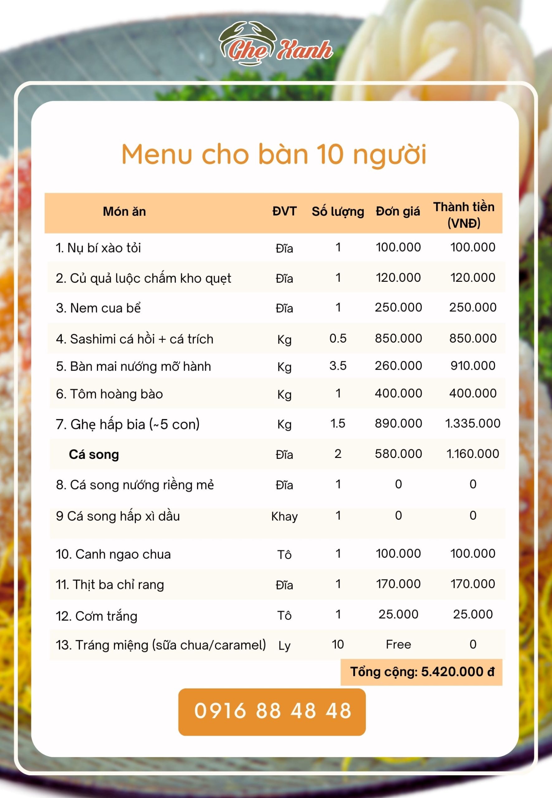 4-7Tr - Menu 2 Menu Nhà hàng Hải Sản Ghẹ Xanh Bắc Giang