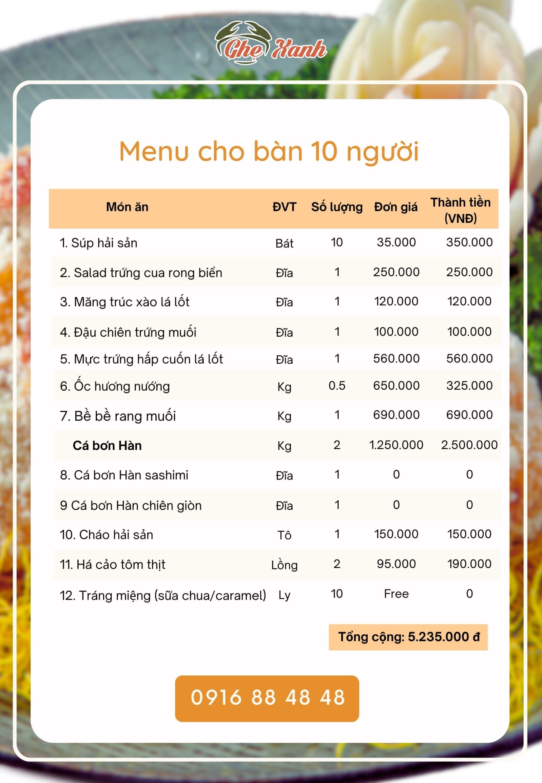 4-7Tr - Menu 3 Menu Nhà hàng Hải Sản Ghẹ Xanh Bắc Giang