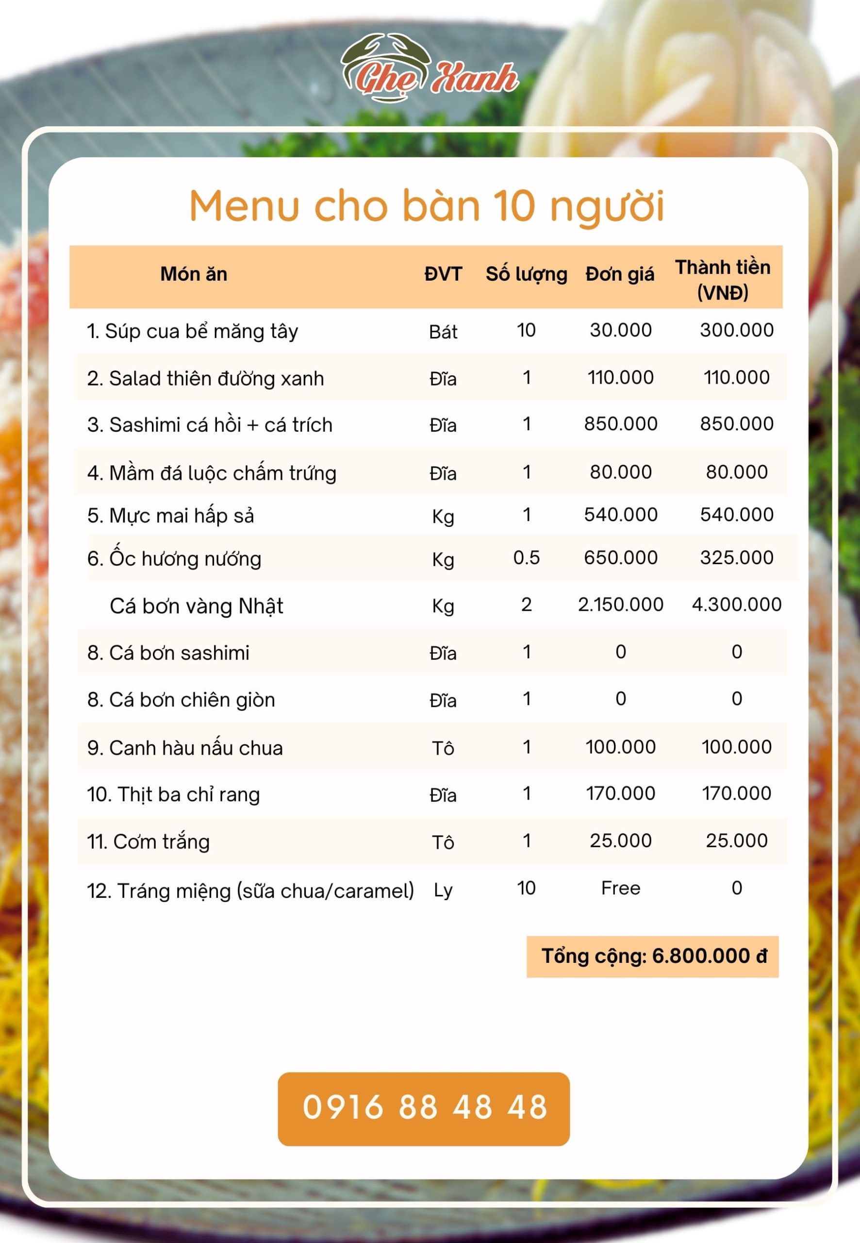 4-7Tr - Menu 5 Menu Nhà hàng Hải Sản Ghẹ Xanh Bắc Giang