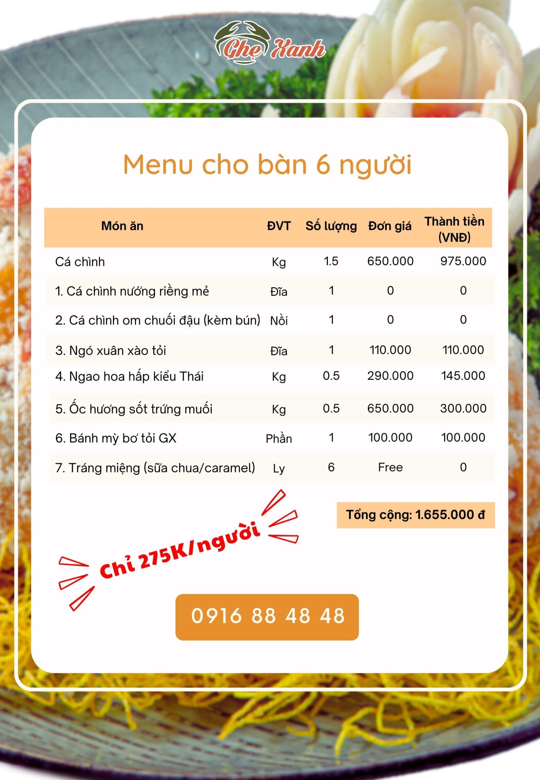 6N - Menu 1 Menu Nhà hàng Hải Sản Ghẹ Xanh Bắc Giang