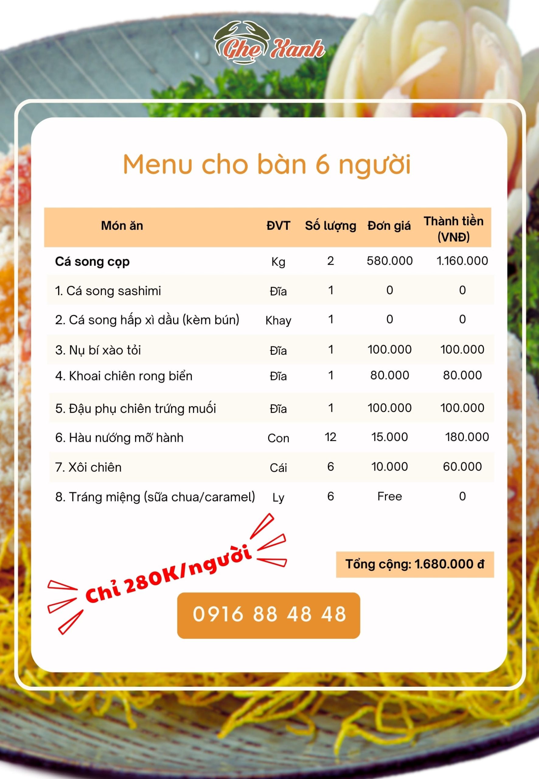 6N - Menu 2 Menu Nhà hàng Hải Sản Ghẹ Xanh Bắc Giang