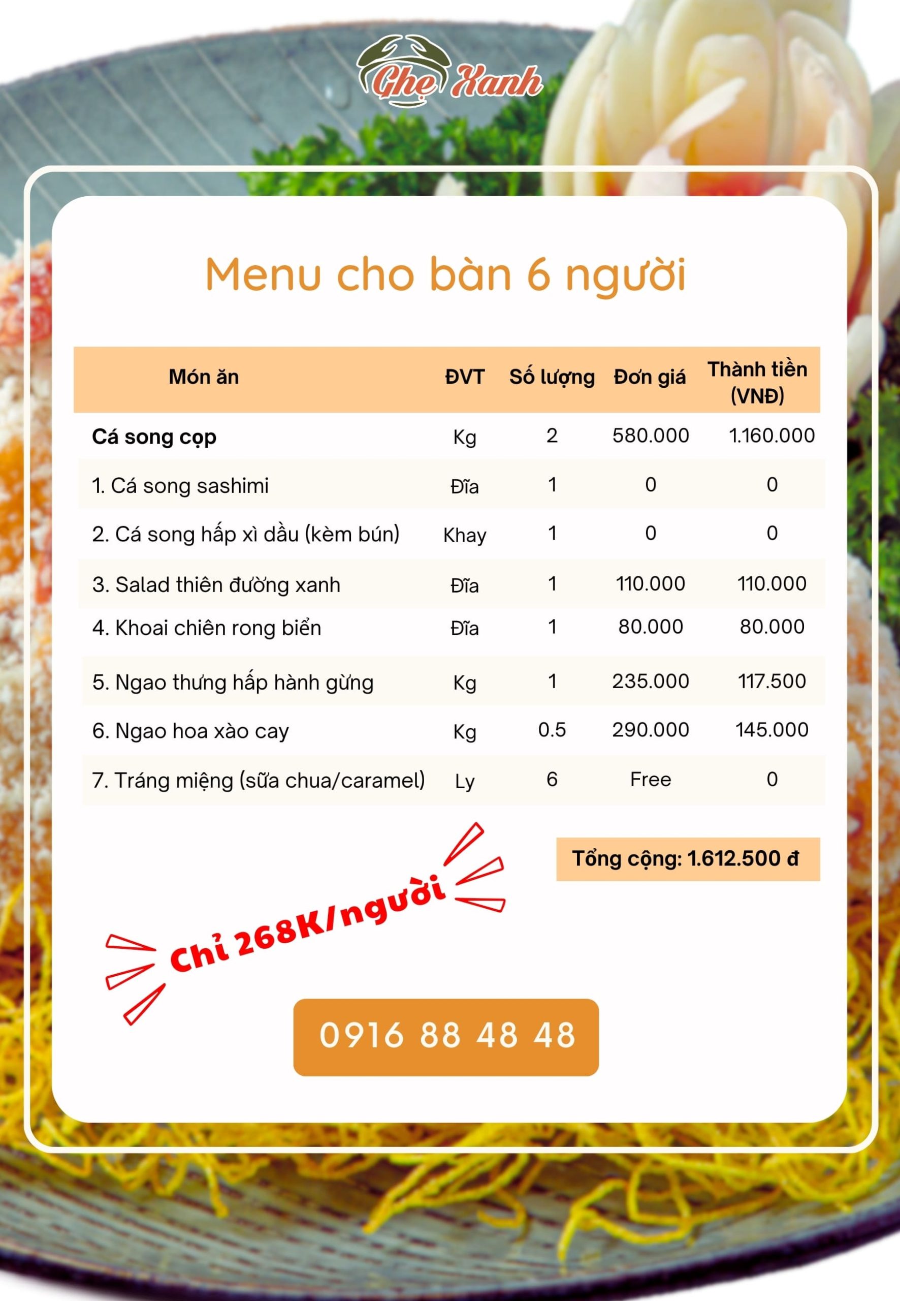 6N - Menu 3 Menu Nhà hàng Hải Sản Ghẹ Xanh Bắc Giang