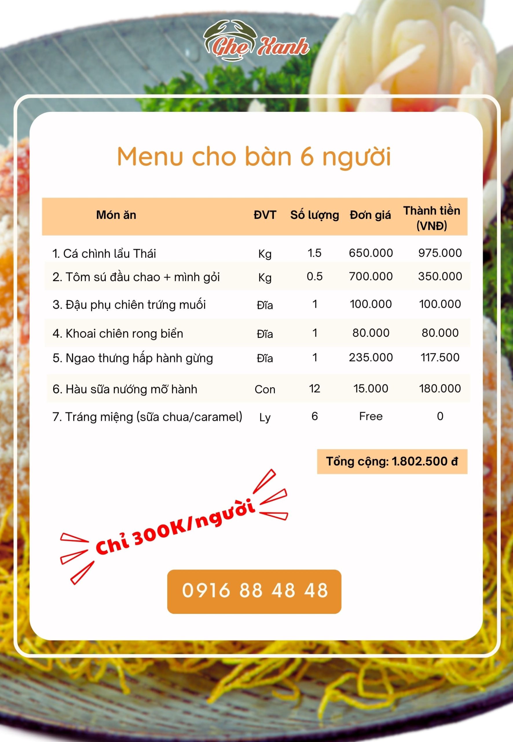 6N - Menu 5 Menu Nhà hàng Hải Sản Ghẹ Xanh Bắc Giang