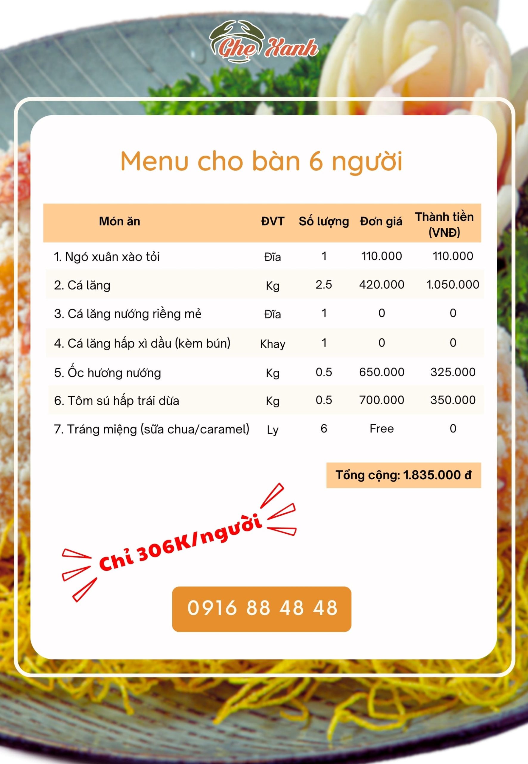 6N - Menu 6 Menu Nhà hàng Hải Sản Ghẹ Xanh Bắc Giang