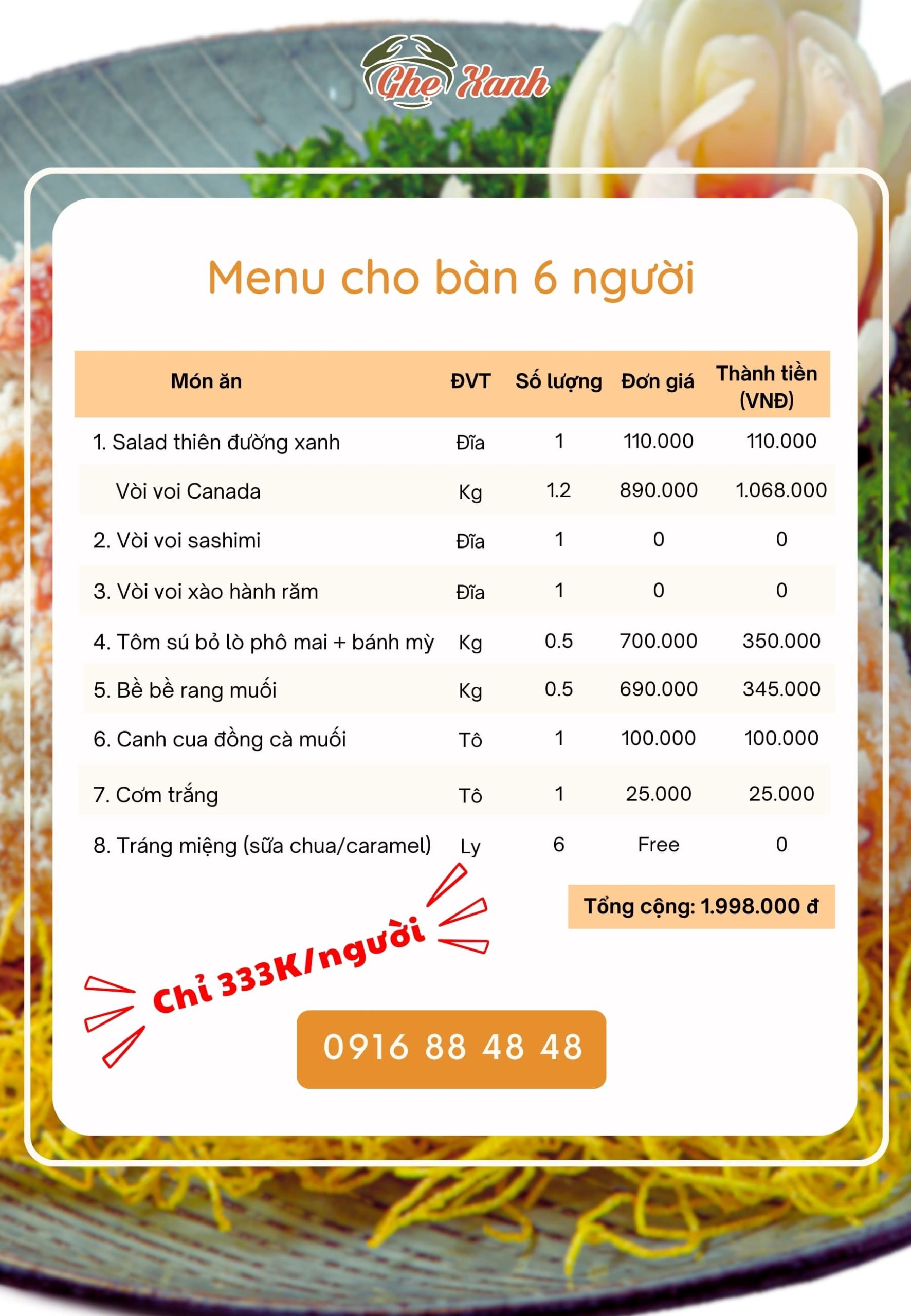 6N - Menu 7 Menu Nhà hàng Hải Sản Ghẹ Xanh Bắc Giang