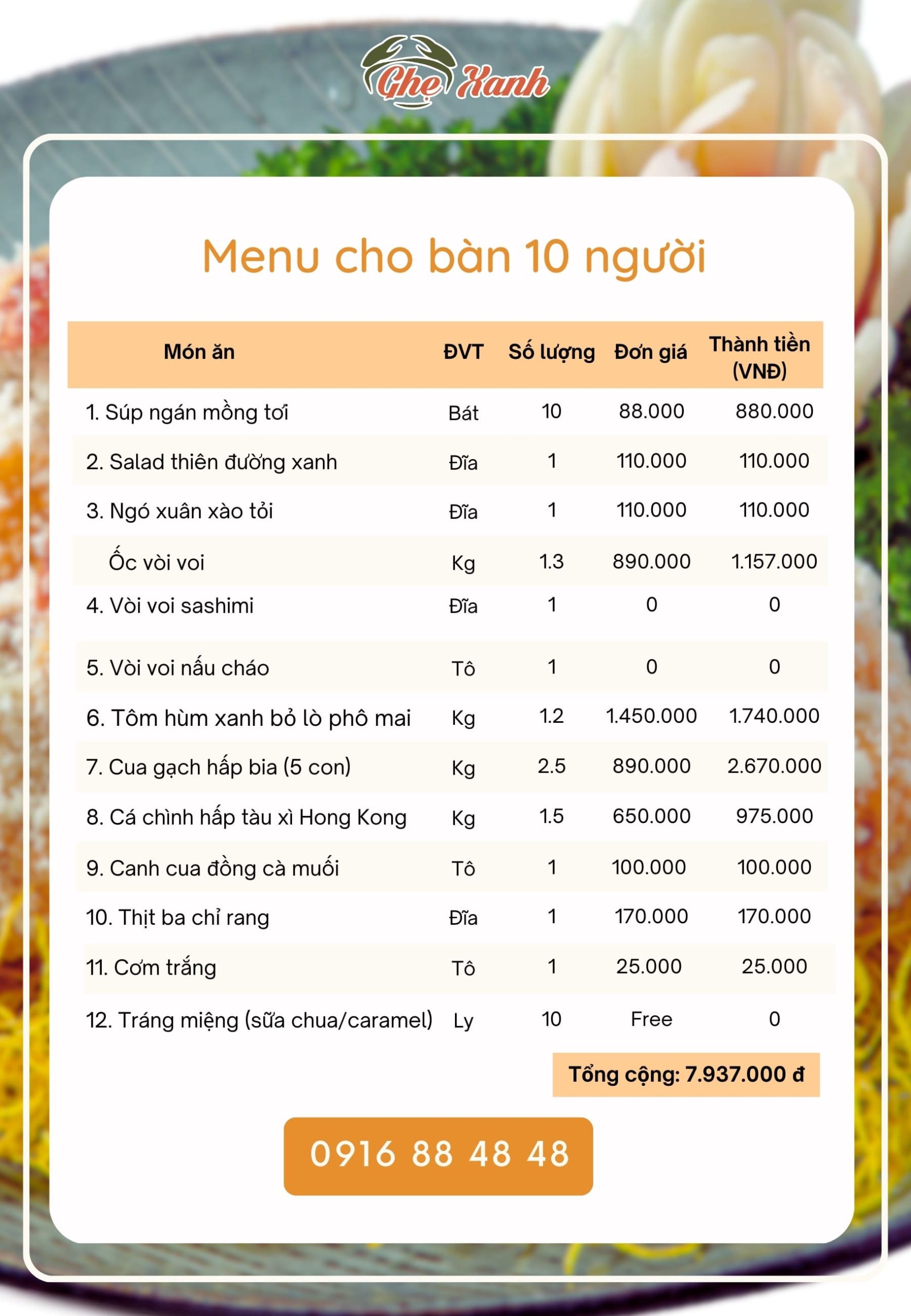 Cao cấp - Menu 1 Menu Nhà hàng Hải Sản Ghẹ Xanh Bắc Giang