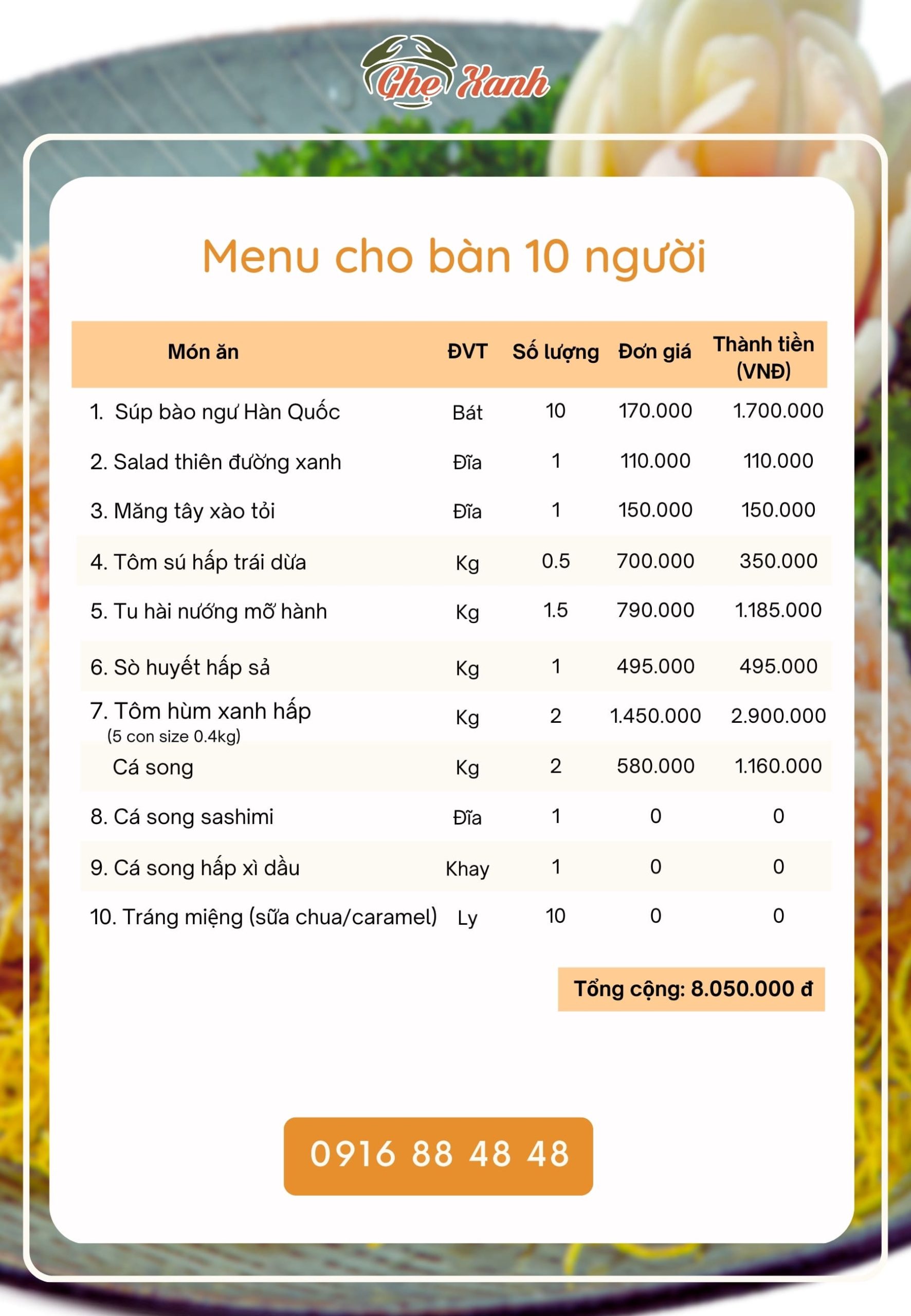 Cao cấp - Menu 3 Menu Nhà hàng Hải Sản Ghẹ Xanh Bắc Giang