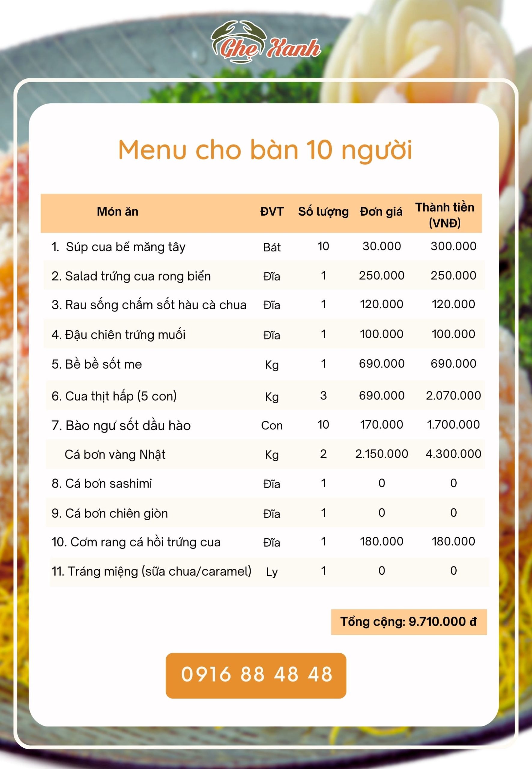 Cao cấp - Menu 5 Menu Nhà hàng Hải Sản Ghẹ Xanh Bắc Giang