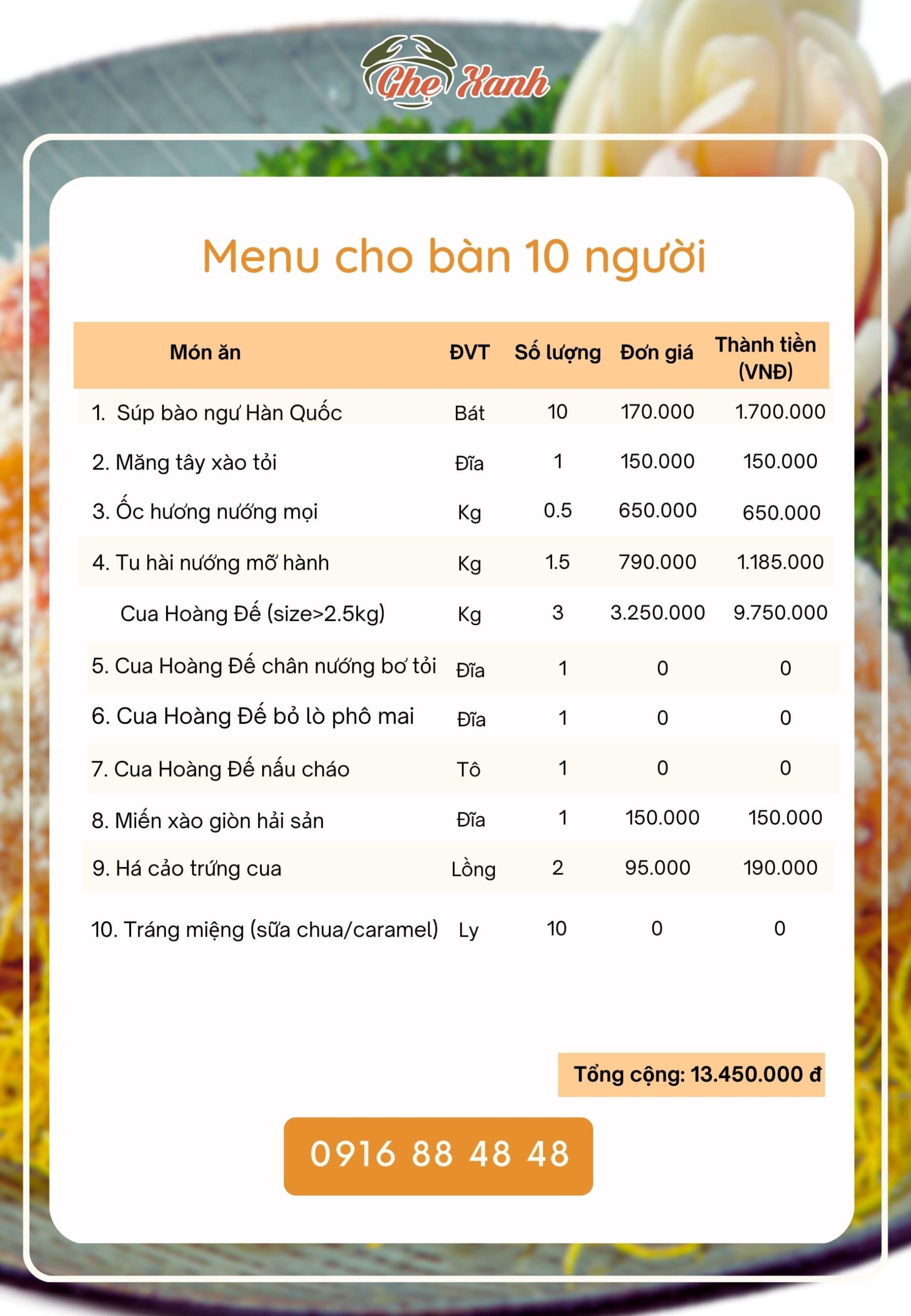 Cao cấp - Menu 6 Menu Nhà hàng Hải Sản Ghẹ Xanh Bắc Giang