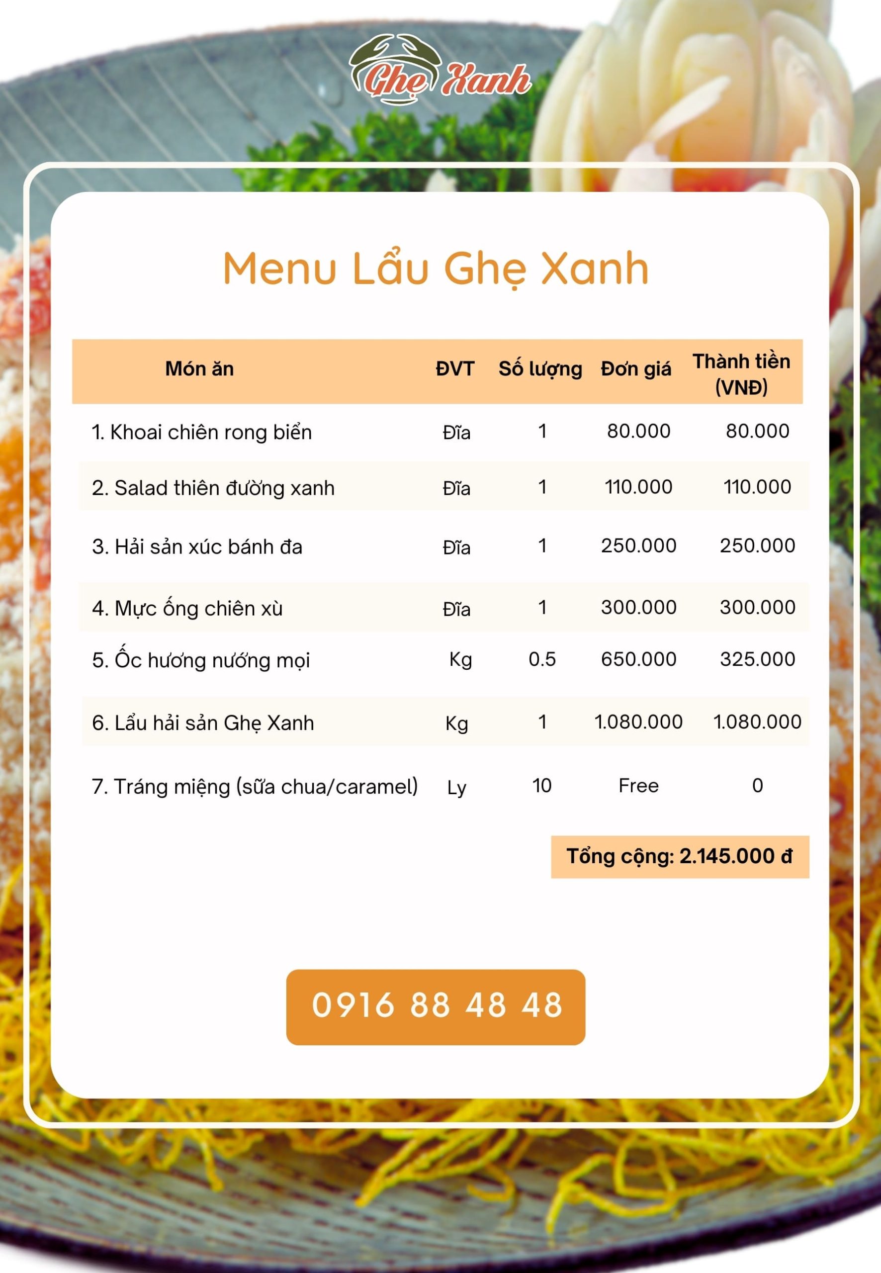 Lẩu GX - Menu 1 Menu Nhà hàng Hải Sản Ghẹ Xanh Bắc Giang