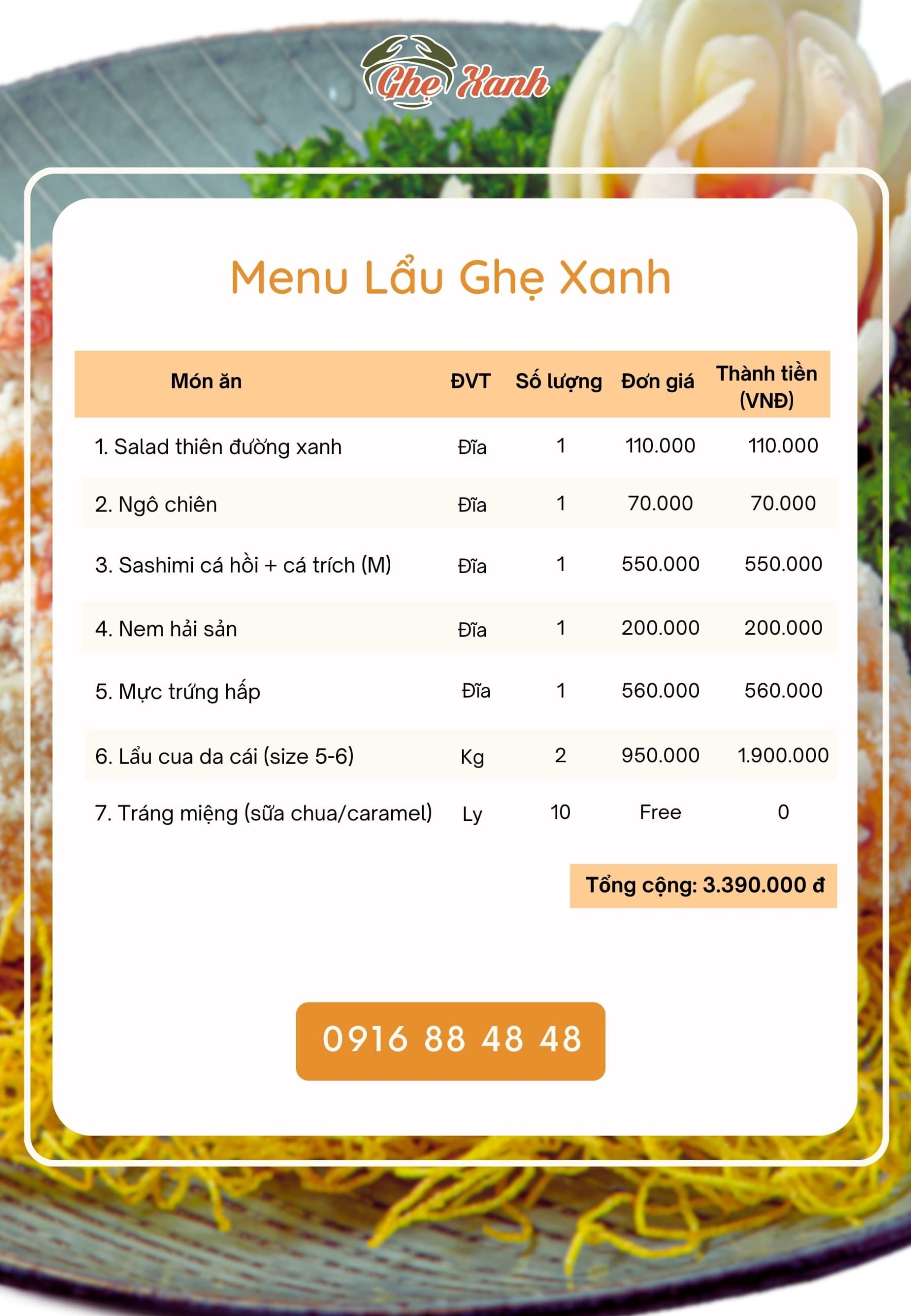 Lẩu GX - Menu 9 Menu Nhà hàng Hải Sản Ghẹ Xanh Bắc Giang